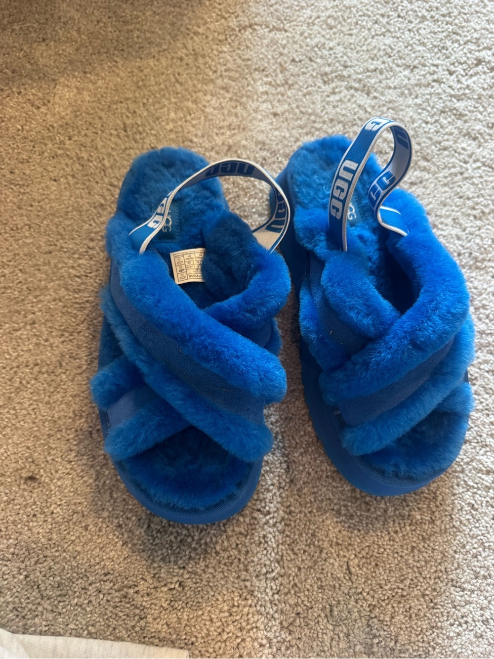 UGG Kids Royal Blue Fluff Sandals with Branded Heel Strap